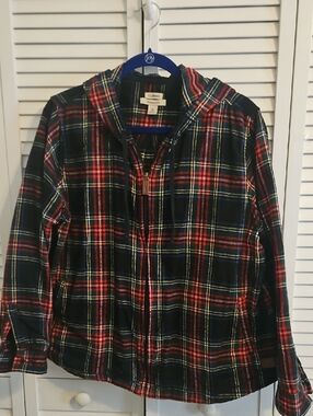 L.L. Bean Black, Red and Yellow Plaid Hooded Flannel Jacket